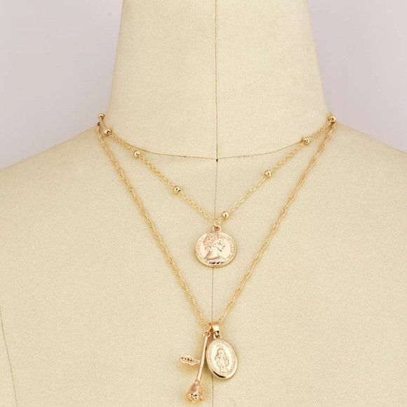 Virgin Mary Rose Coin Gold Layered Boho Necklace! - Picture 6 of 9